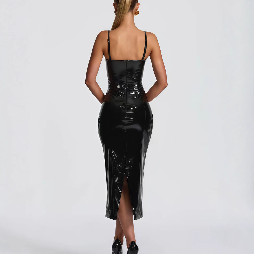 Damen Bodycon-Kleid mit trägerlosem Design und glänzender Oberfläche EB