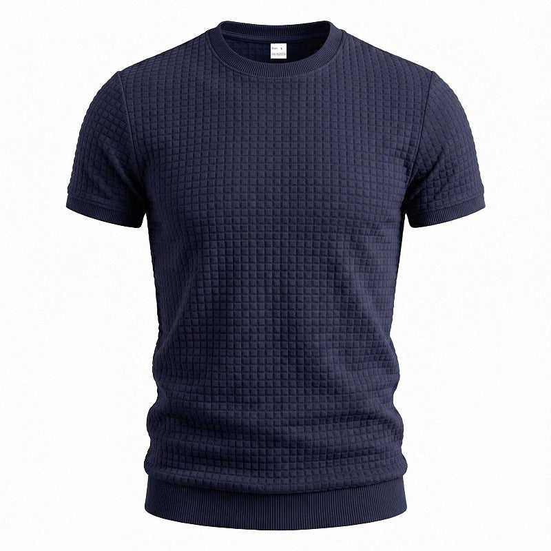 Herren nan kurzärmeliges Strickshirt mit geprägter Karostruktur, Rundhalsausschnitt und geripptem Saum EB