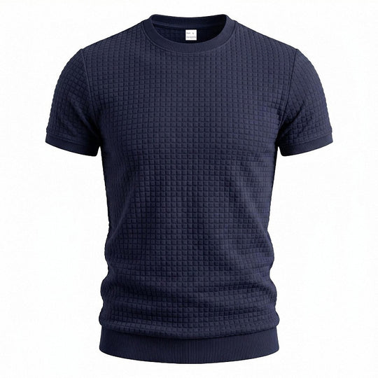 Herren nan kurzärmeliges Strickshirt mit geprägter Karostruktur, Rundhalsausschnitt und geripptem Saum EB