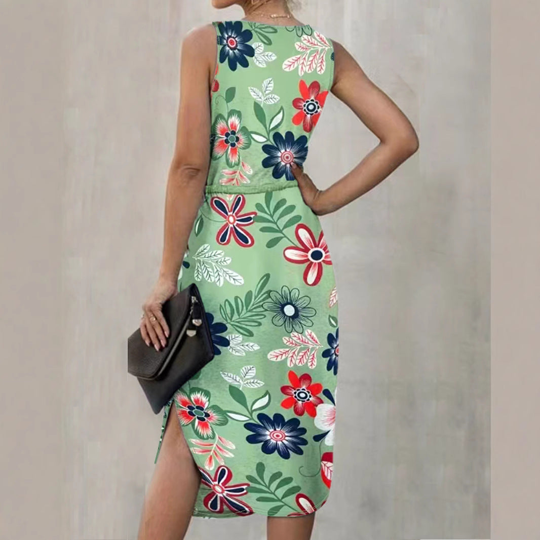 Damen Blumenmaxikleid mit elastischem Taillenkordelzug und seitlichem Schlitz EB