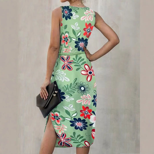 Damen Blumenmaxikleid mit elastischem Taillenkordelzug und seitlichem Schlitz EB