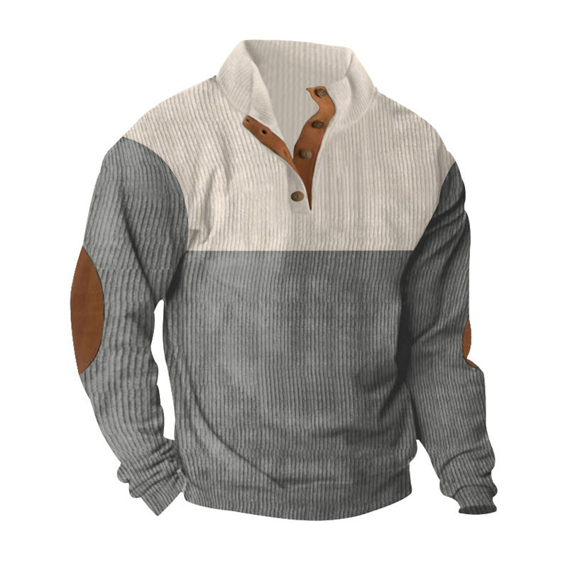 Herren nan gerippter Pullover mit Stehkragen, Knopfleiste und Ellbogen-Patches EB