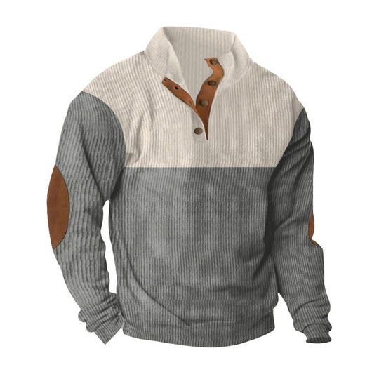 Herren nan gerippter Pullover mit Stehkragen, Knopfleiste und Ellbogen-Patches EB