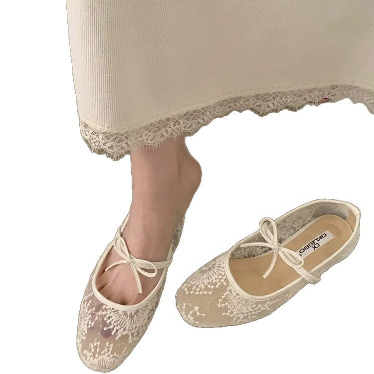 Damen Ballerinas mit filigranem Spitzenoberteil und dekorativem Schleifen-Detail EB