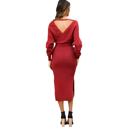 Damen Strickkleid mit Wickeloptik und tailliertem Design EB