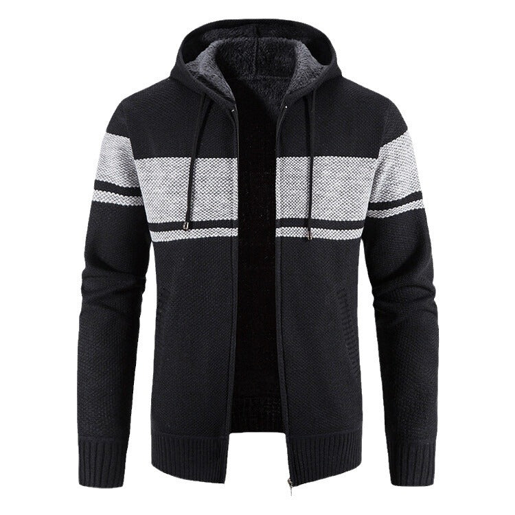 Herren Strickjacke mit Kapuze und kontrastierendem Streifenmuster EB