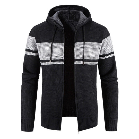 Herren Strickjacke mit Kapuze und kontrastierendem Streifenmuster EB