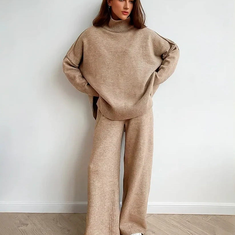 Damen Gemütliches Strickensemble mit hohem Kragen und weit geschnittenen Hosen EB