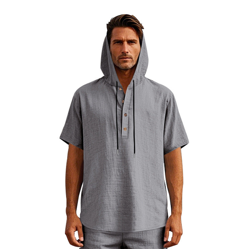 EB | Leinen-Knopf-Strand-Kapuzen-Henley-Shirt