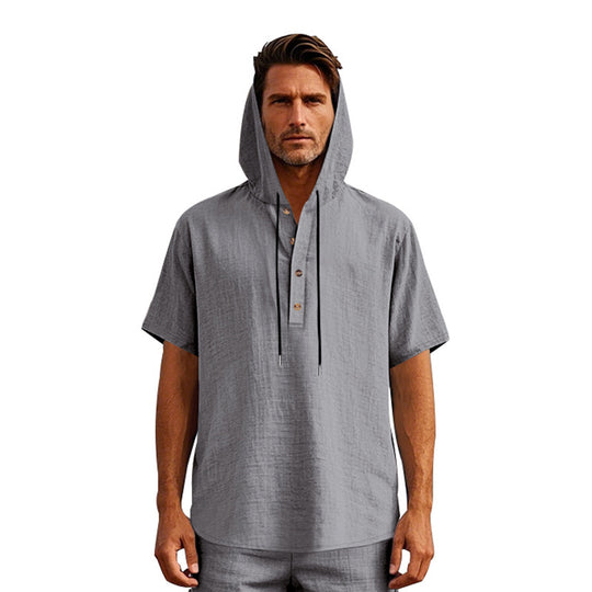 EB | Leinen-Knopf-Strand-Kapuzen-Henley-Shirt