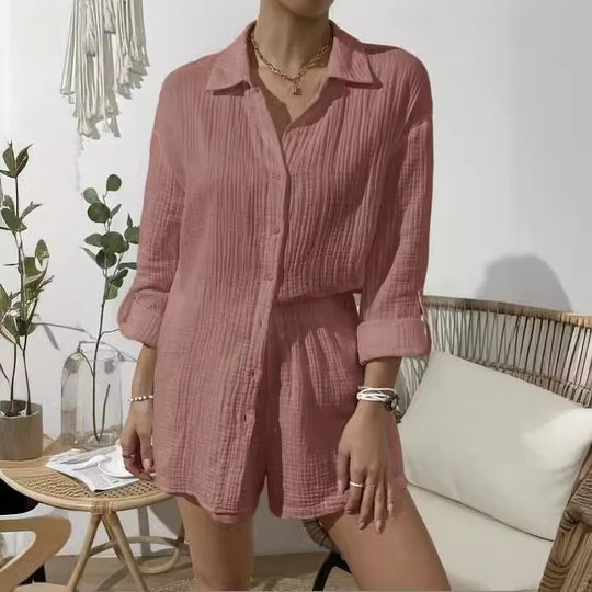 Damen nan luftig-leichter Zweiteiler Lounge-Set aus Baumwoll-Gauze mit Hemdbluse und elastischer Taillen-Shorts EB