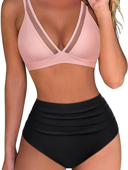 Damen Hoch tailliertes Bikini-Set mit Leopardenmuster und transparenten Einsätzen EB