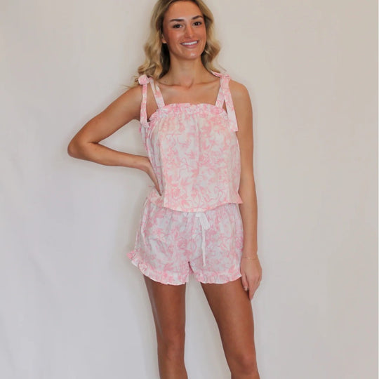 Damen Schlafanzug-Set mit verspieltem Blumendesign und Rüschendetails EB