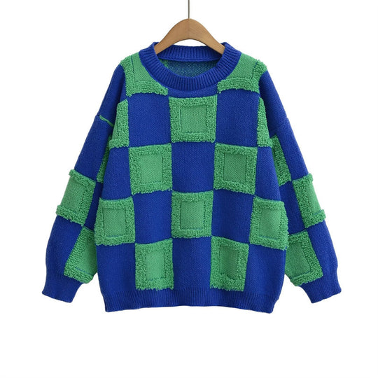 Damen modischer Strickpullover mit grafischem Blockmuster EB