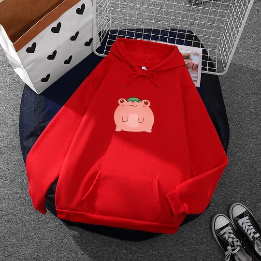 Damen nan oversized Kapuzenpullover aus Microfleece mit Cartoonfrosch-Motiv und Kängurutasche EB