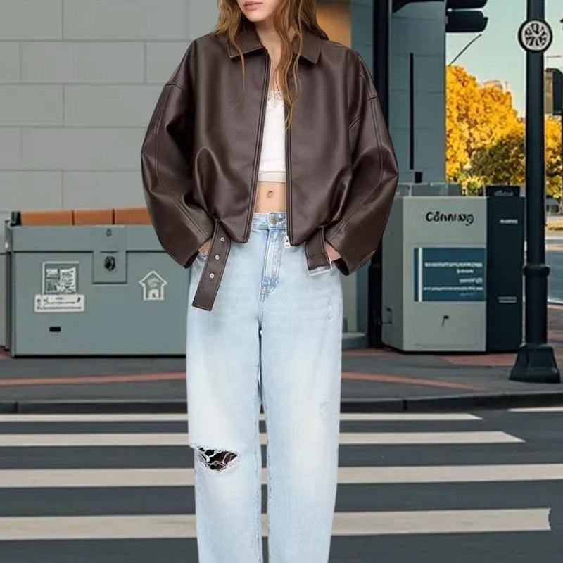 Damen Oversized Kunstlederjacke mit flauen Schultern und praktischen Druckknöpfen EB