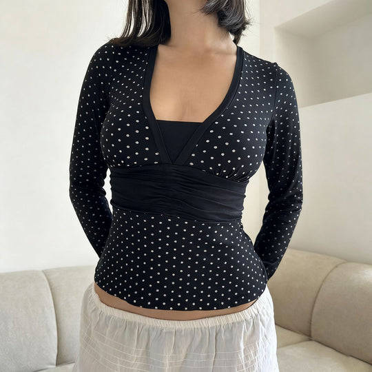 Damen nan taillierte Wickelbluse mit Polka‑Dot Muster, tiefem V‑Ausschnitt und breitem Taillenband EB