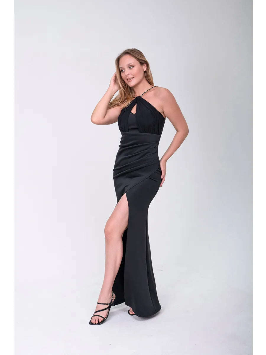 Damen elegantes Maxikleid mit tiefem Schlitz und innovativem Trägerdesign EB