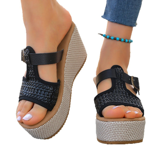 Damen Wedge-Pantoletten mit geflochtenem Obermaterial und elegantem Riemen EB