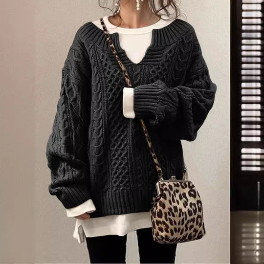 Damen Grobstrickpullover mit V-Ausschnitt und modischem Zopfdesign EB