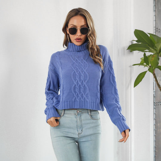 Damen Grobstrickpullover mit hohem Rollkragen und romantischem Zopfmuster EB