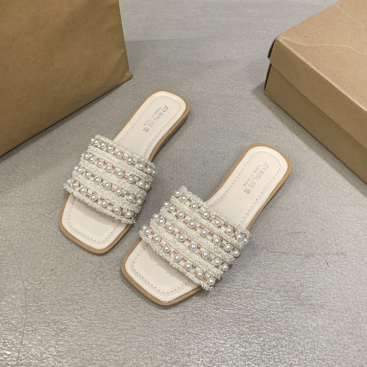 Damen elegante flache Pantoletten mit zierlichen Perlenakzenten EB