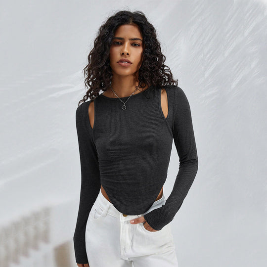 Damen geripptes Langarmshirt mit Cut-Out-Schultern und asymmetrischem Saum Eichborn Berlin