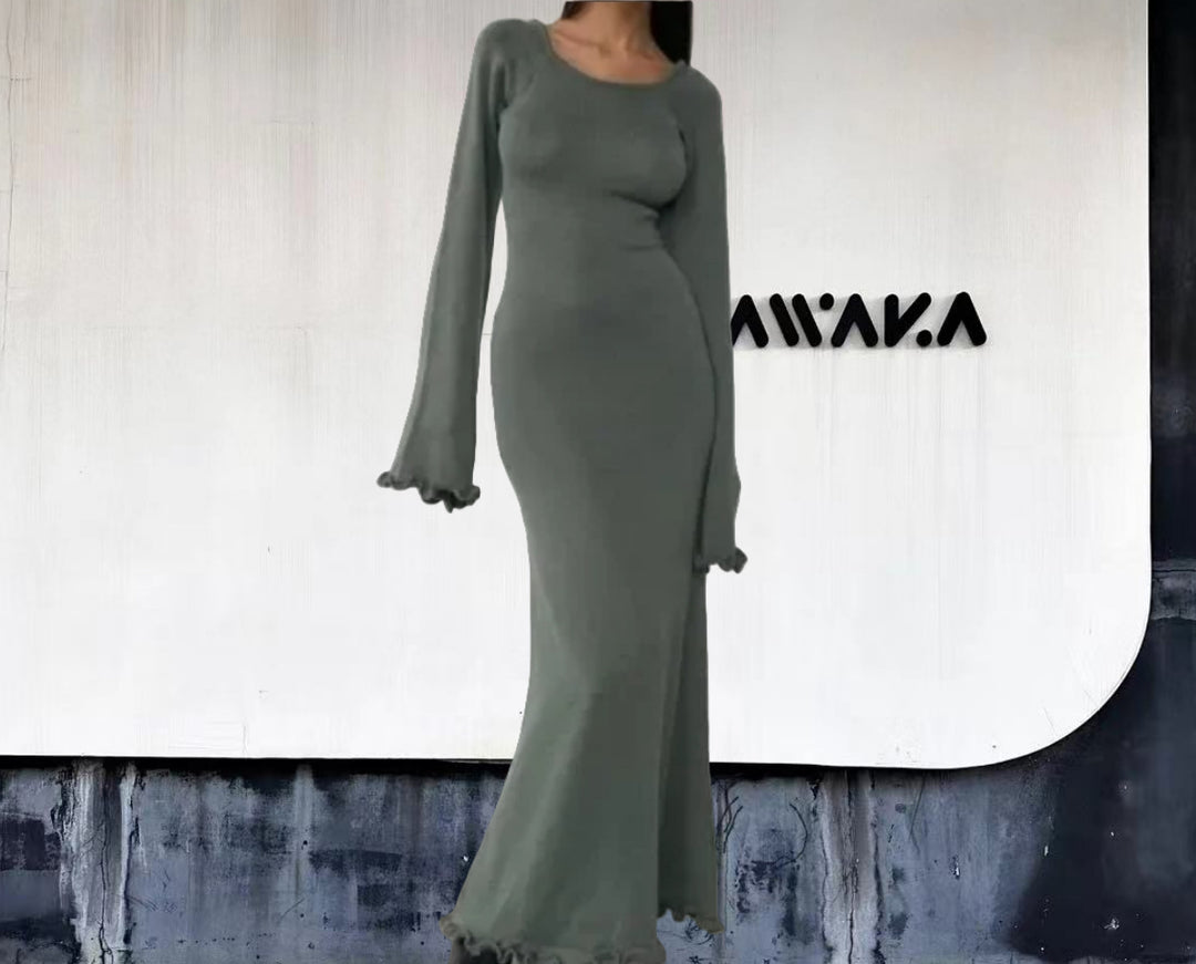 Damen Elegantes Maxikleid mit raffiniertem Rippdesign und fransigen Ärmeln EB