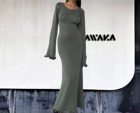 Damen Elegantes Maxikleid mit raffiniertem Rippdesign und fransigen Ärmeln EB