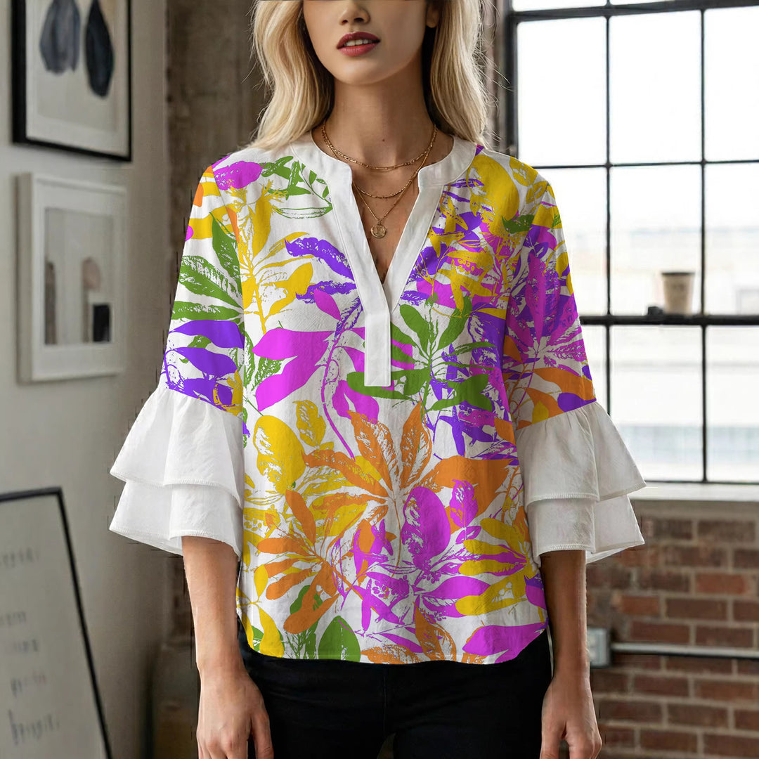 Damen Blusenshirt mit voluminösen Ärmeln und floralem Muster EB