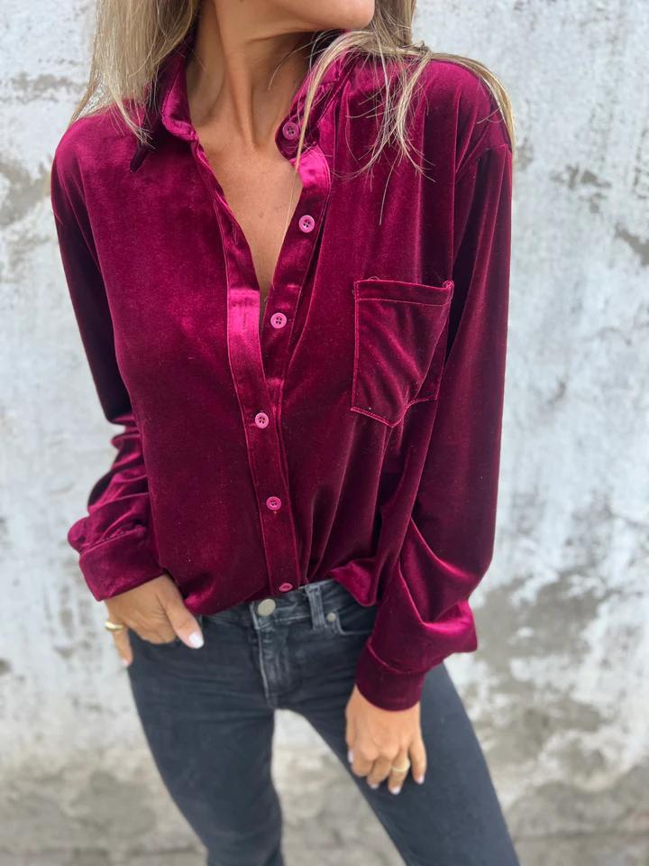 Damen Elegante Veloursbluse mit Brusttasche EB