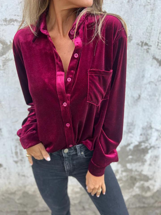 Damen Elegante Veloursbluse mit Brusttasche EB