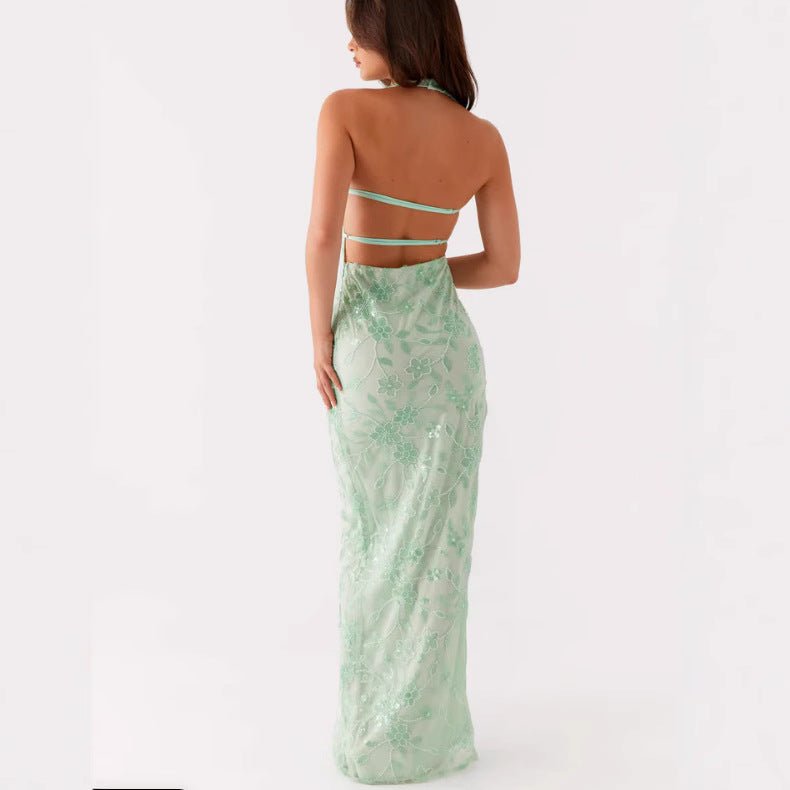 Damen Elegantes Maxikleid mit tiefem V-Ausschnitt und floralen Stickereien EB