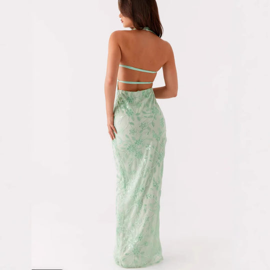 Damen Elegantes Maxikleid mit tiefem V-Ausschnitt und floralen Stickereien EB