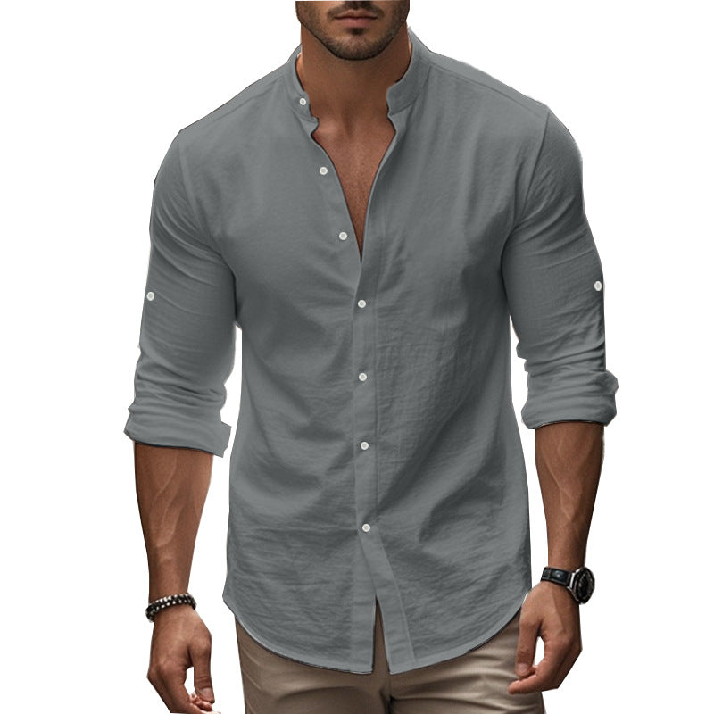 Herren Langarm-Hemd mit modernem Henley-Kragen und kontrastierenden Knopfdetails EB