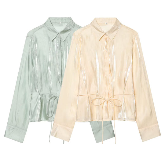 Damen schimmernde Bluse mit verstellbarem Taillenzug und elegantem Kragen EB