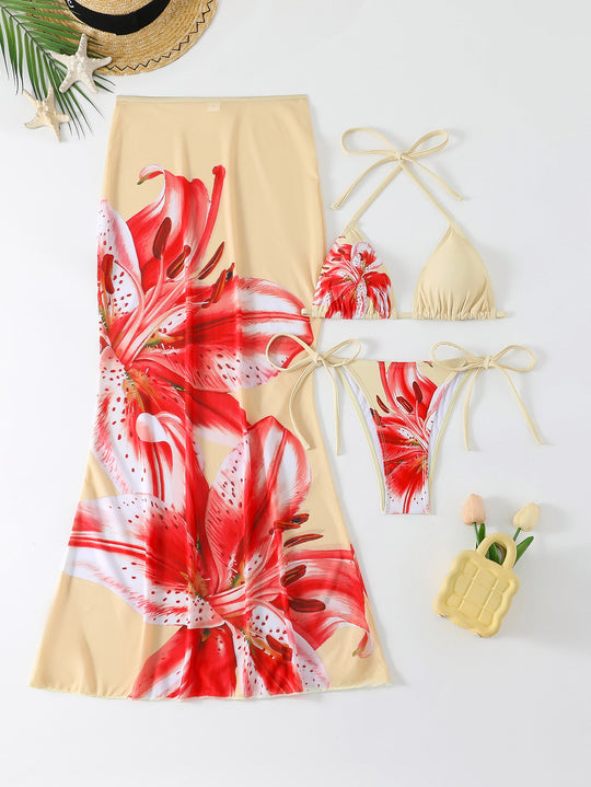 Damen Strandkleid mit blühendem Bikini-Set EB