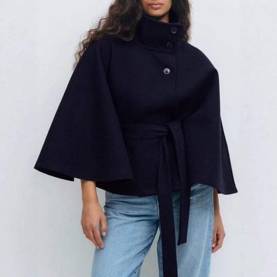 Damen Wollmantel im Cape‑Stil mit Stehkragen und Taillengürtel EB
