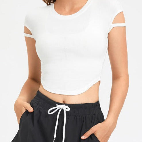 Damen Kurzarm-Crop-Top mit innovativem Design und elastischen Trägern EB