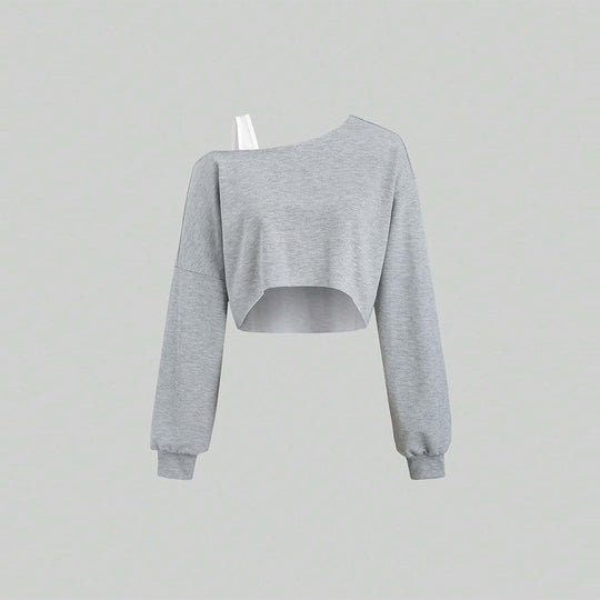 Damen cropped Off-Shoulder Sweatshirt mit einseitigem Träger, Ballonärmeln und Rippbündchen Eichborn Berlin