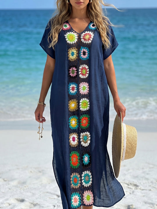 Damen Häkel-Strandkimono mit floralem Patchwork-Design EB