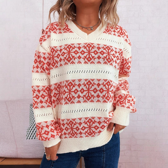 Damen Strickpullover im nordischen Muster mit tiefem V-Ausschnitt EB