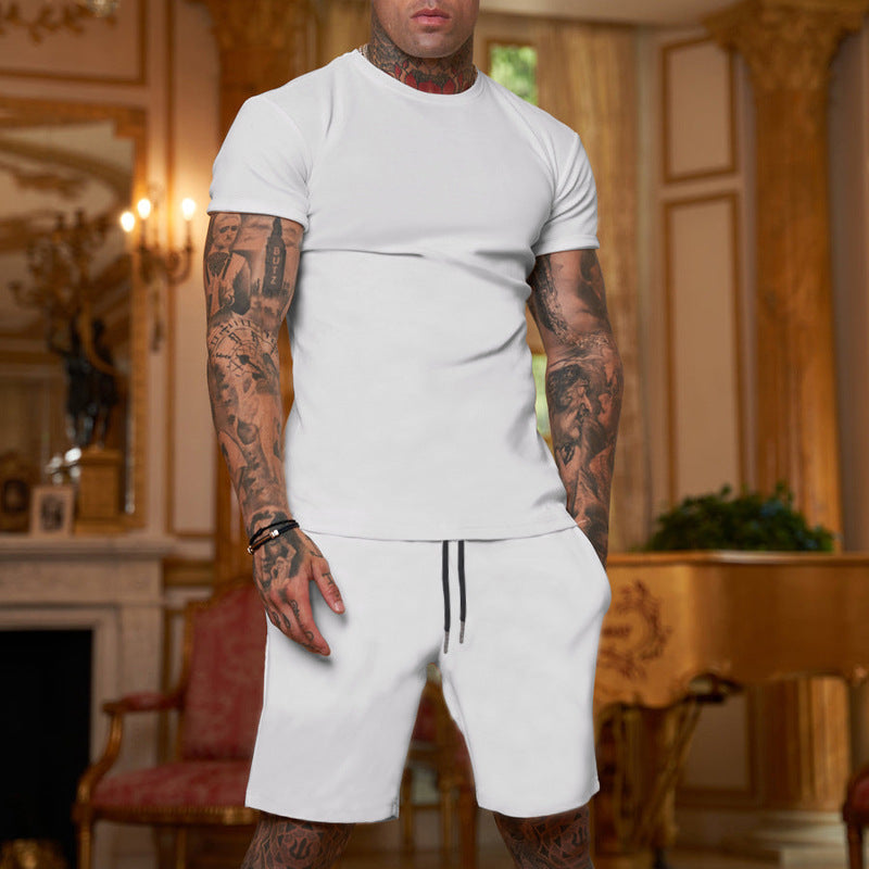 Herren nan schlankes Jersey-Set mit Rundhalsshirt und elastischer Tunnelzug-Shorts EB