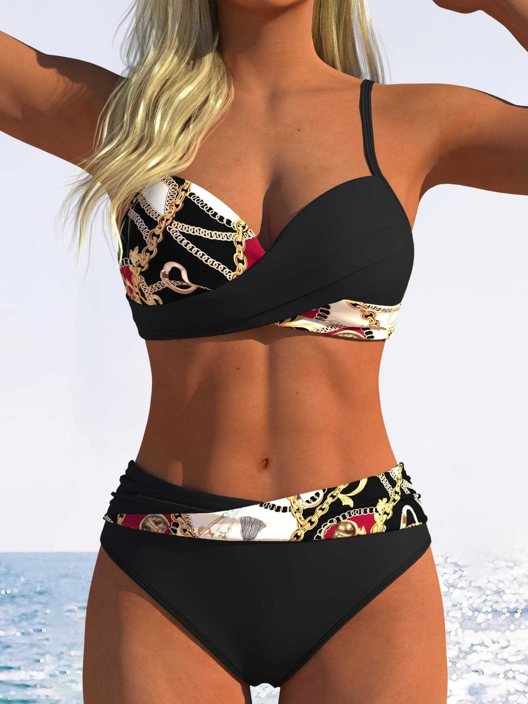 Damen Bikini-Set mit modischer Wickeloptik und schickem Kettenmuster EB