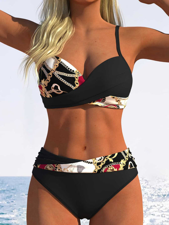 Damen Bikini-Set mit modischer Wickeloptik und schickem Kettenmuster EB