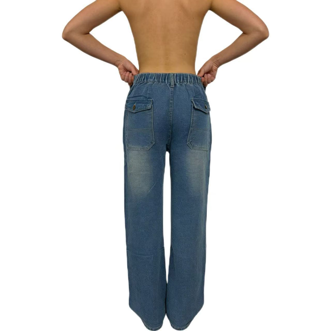 Damen nan hochgeschnittene Relaxed-Jeans mit geradem Bein und aufgesetzten Fronttaschen EB