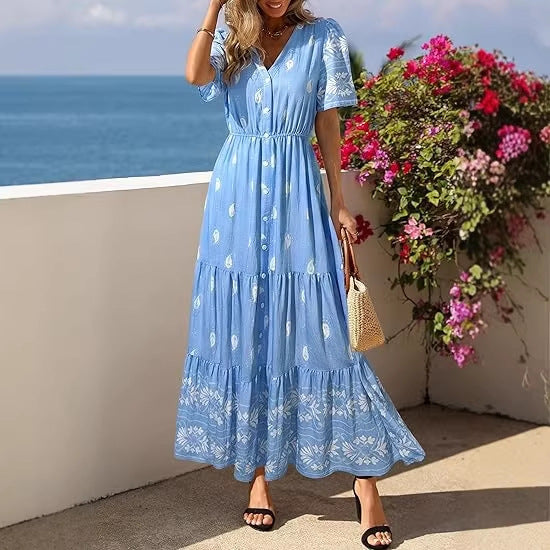 Damen Boho Maxikleid mit floralen Prints und Taillengürtel EB