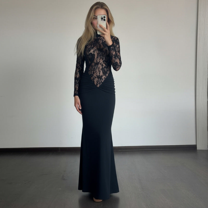 Damen Elegantes Langarm Kleid aus Spitze mit geraffter Silhouette EB