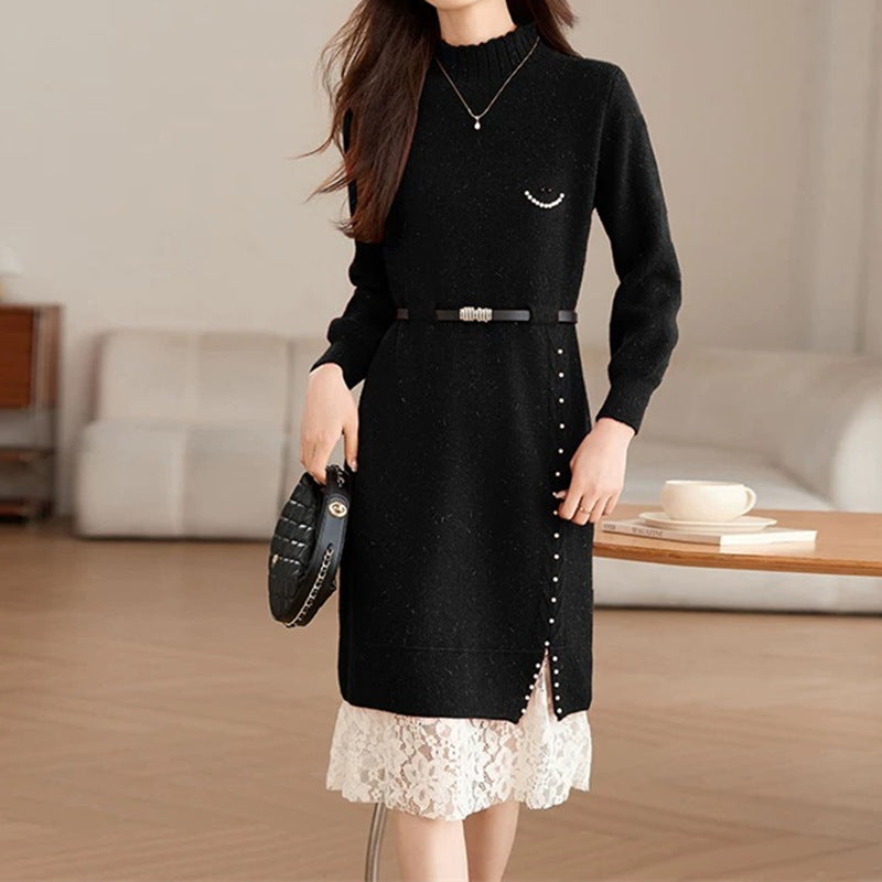 Damen Strickkleid mit dekorativen Knopfdetails und Spitze EB