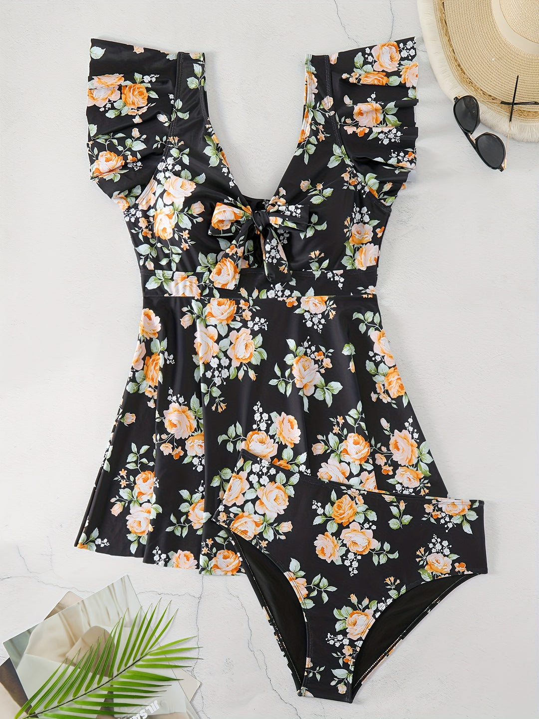 Damen Einteiler Badeanzug mit Rüschendetails und floralem Design EB